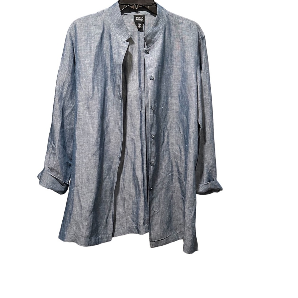 Eileen Fisher Band Collar Button-Up Blue Denim Tunic